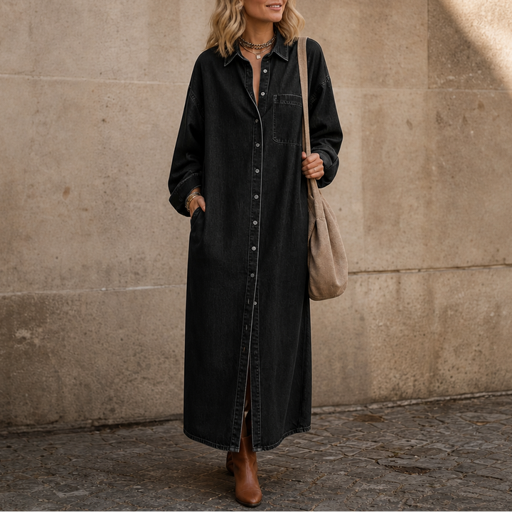 Wearlyn – Oversized Button-Front Denim Look Shirt Dress