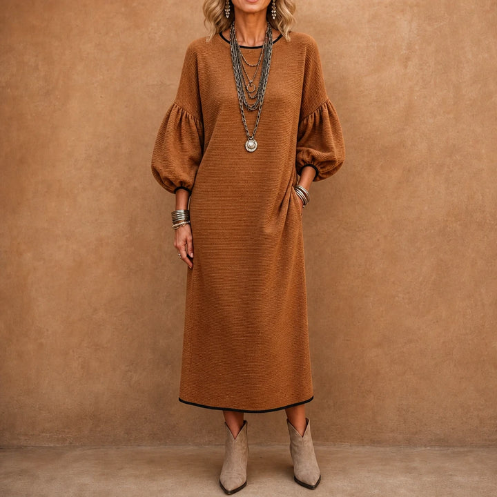 Vivelyn – Textured Knit Puff Sleeve Midi Dress