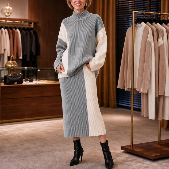 Vellora – Contrast Panel Sweater And Skirt Set