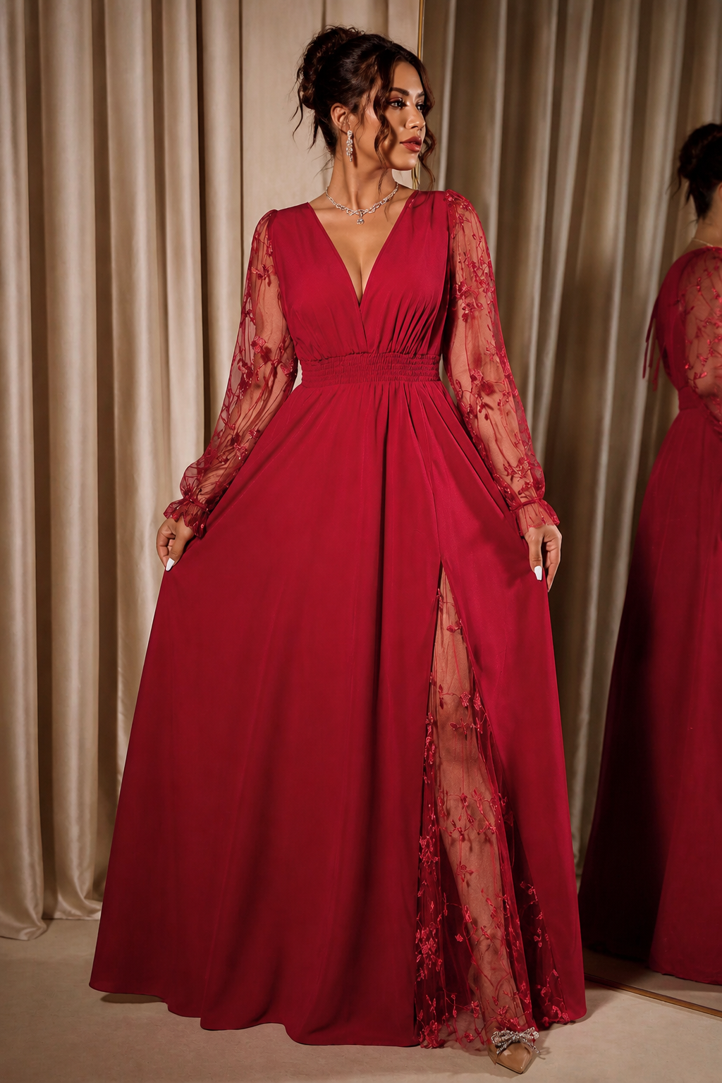 Wearbella – Lace-Sleeve A-Line Empire Waist Maxi Dress
