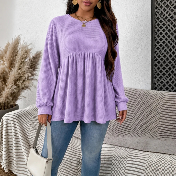 Cozyelle – Gathered Empire-Waist Waffle-Knit Top