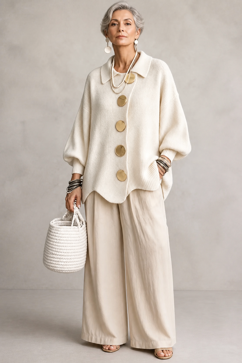 Wearbella – Oversized Scalloped-Hem Button Cardigan