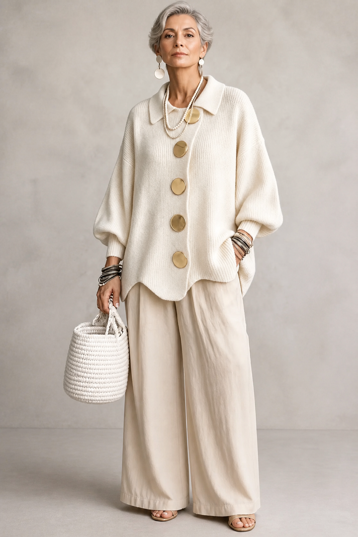 Wearbella – Oversized Scalloped-Hem Button Cardigan