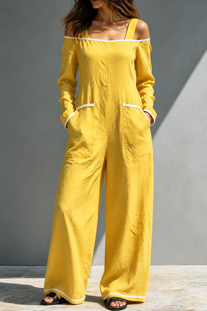 Shouldera – Off-Shoulder Contrast Trim Wide-Leg Jumpsuit