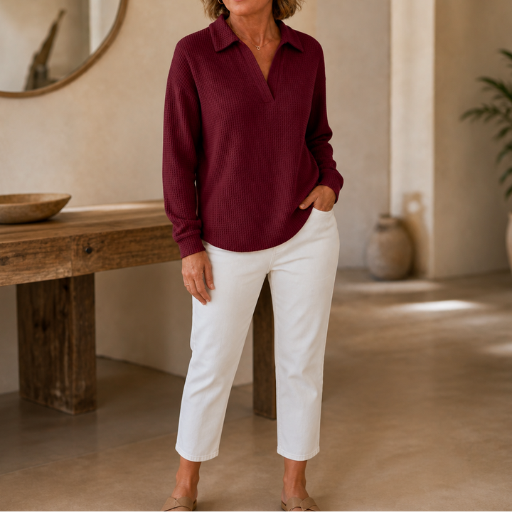 Waffelou – Collared V-Neck Waffle-Knit Oversized Top