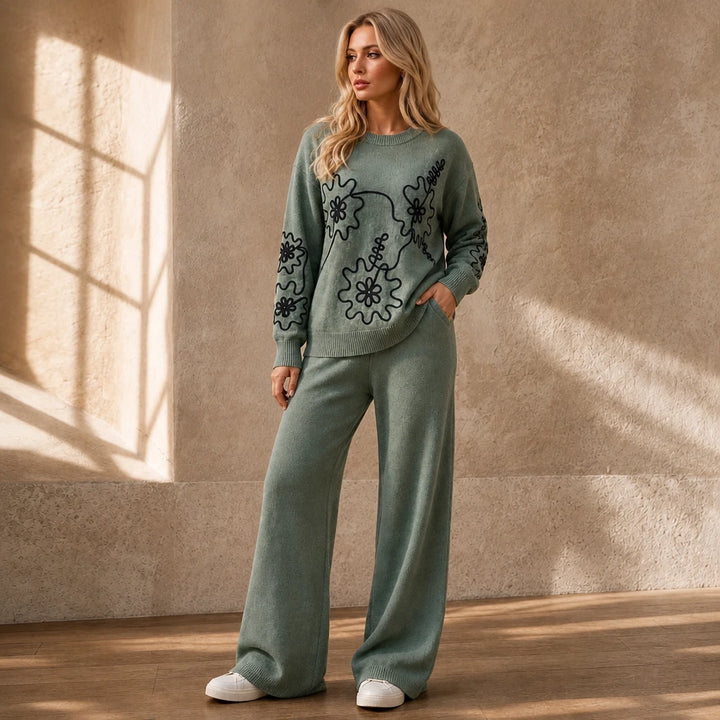 Florenza – Floral Embroidered-Look Knit Sweater And Wide-Leg Pants Set