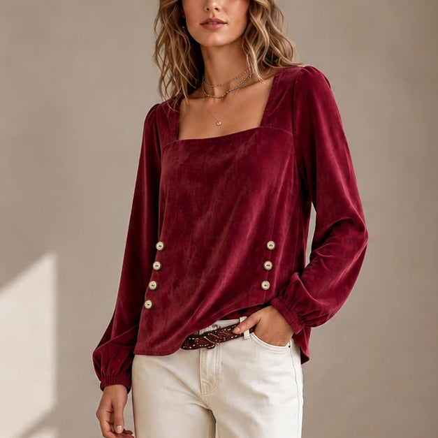 Elara – Square Neck Button-Accent Blouse