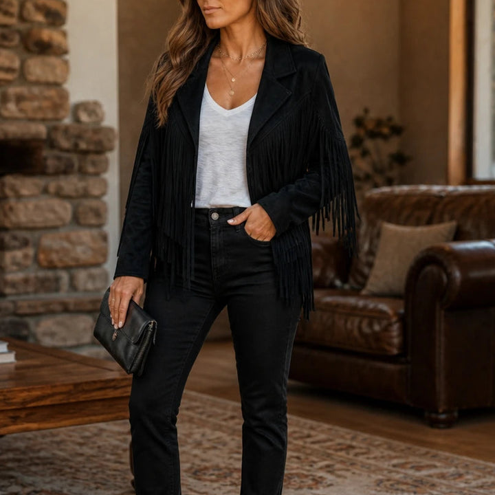Fringe & Form – Laser-Cut Fringe Cropped Moto Jacket