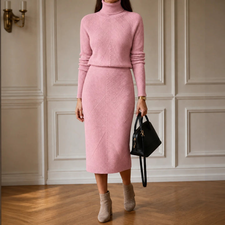 Veluna – Ribbed Turtleneck Sweater And Skirt Set