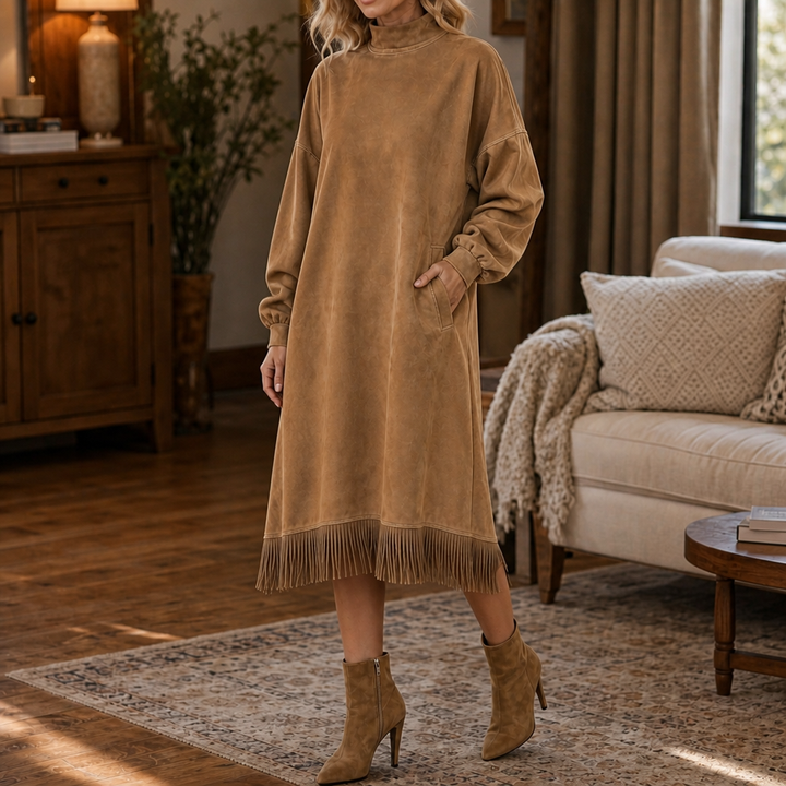 Tasselina – High-Neck Faux-Suede Tassel-Hem Dress