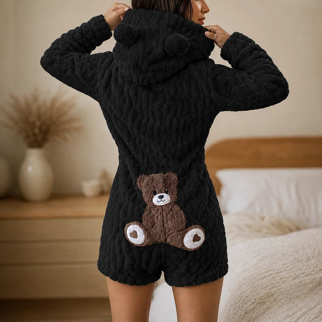 Cuddlebear – Bear-Ear Plush Hooded Zip-Up Romper