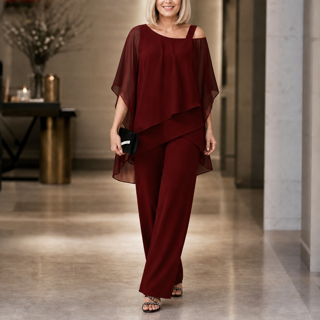 Elowen – Asymmetrical Chiffon Overlay Wide-Leg Pants Set