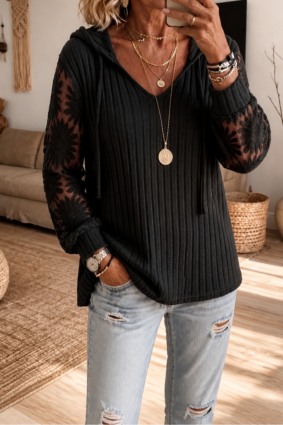 Lunetta – Lace Sleeve Ribbed Knit Hoodie Cardigan