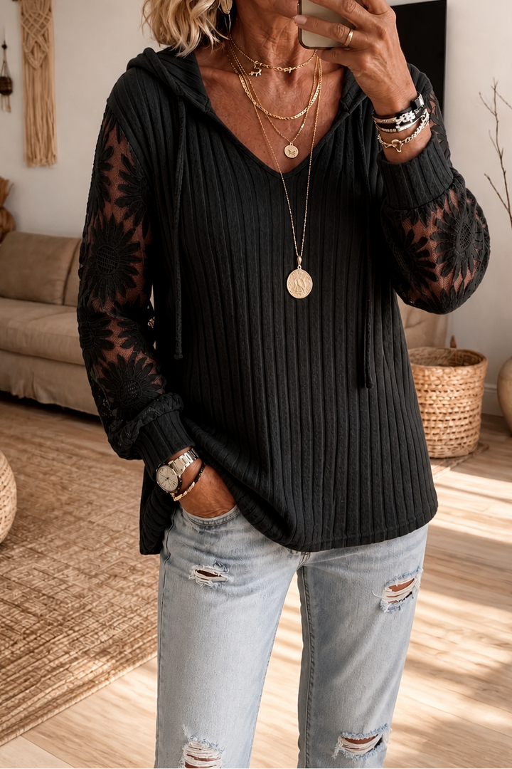Lunetta – Lace Sleeve Ribbed Knit Hoodie Cardigan