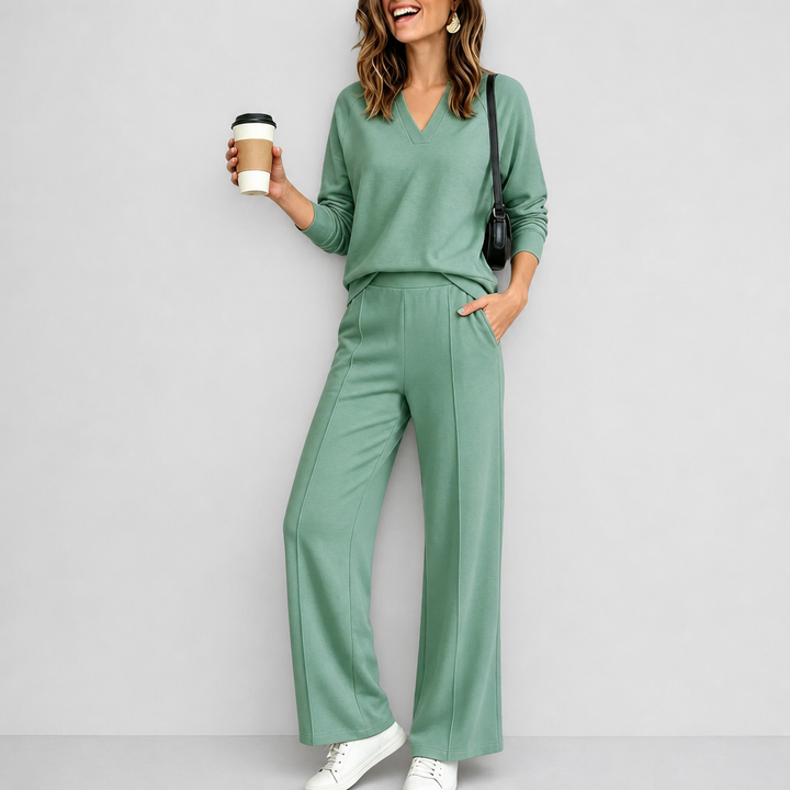 Wearbella – V-Neck Knit Top And Wide-Leg Pants Set