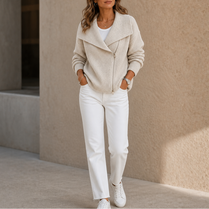 Wearbella – Diagonal Zip Oversized Collar Ribbed Knit Jacket
