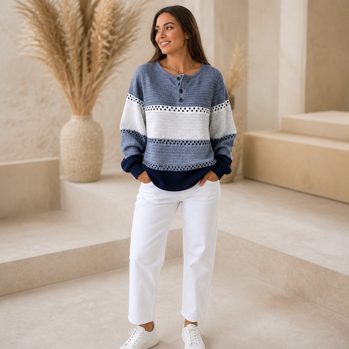 Waffleton – Layered Color-Block Waffle-Knit Henley Sweater