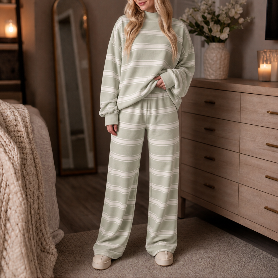 Stripe & Ease – Striped Mock-Neck Top And Wide-Leg Pants Set