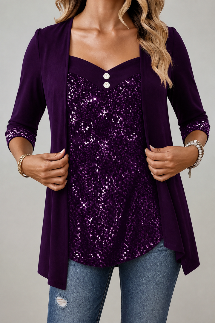 Veluxe Duo – Sequin Front Mock-Layer Evening Top