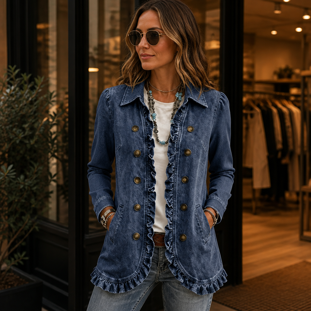 Ruffle & Row – Ruffle-Trim Button-Front Denim-Look Jacket