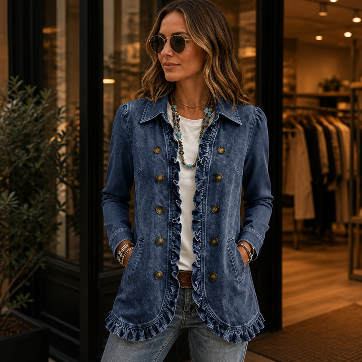 Ruffle & Row – Ruffle-Trim Button-Front Denim-Look Jacket