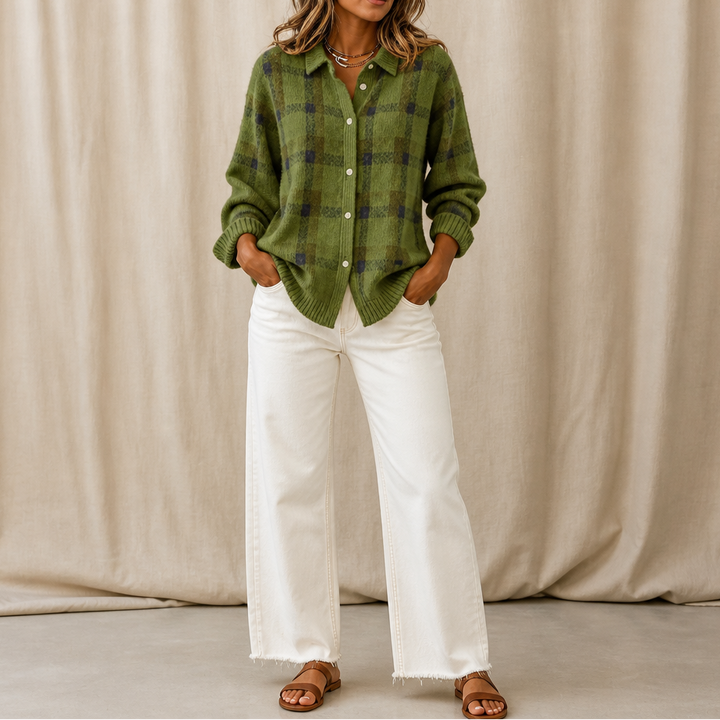 Verawool – Plaid Knit Shirt-Collar Cardigan