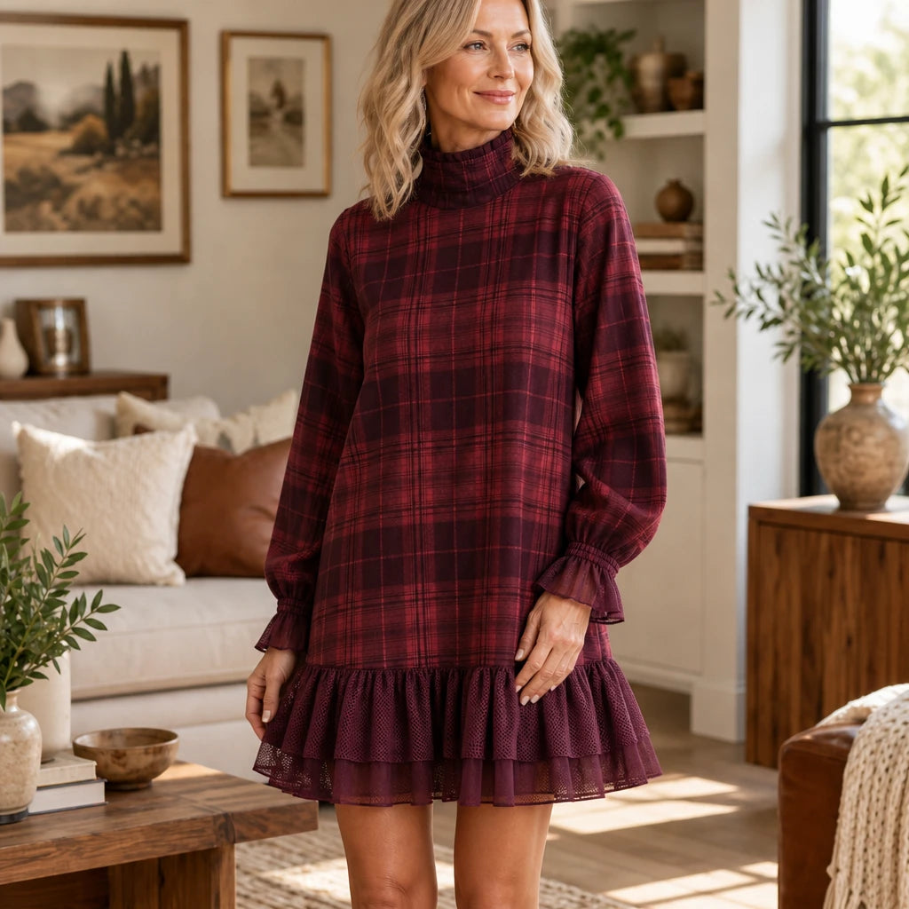 Plaidelle – Plaid A-Line Mini Dress With Mesh Ruffles