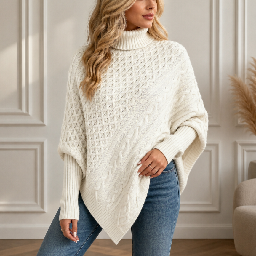 Cablelle – Asymmetric Cable-Knit Turtleneck Poncho