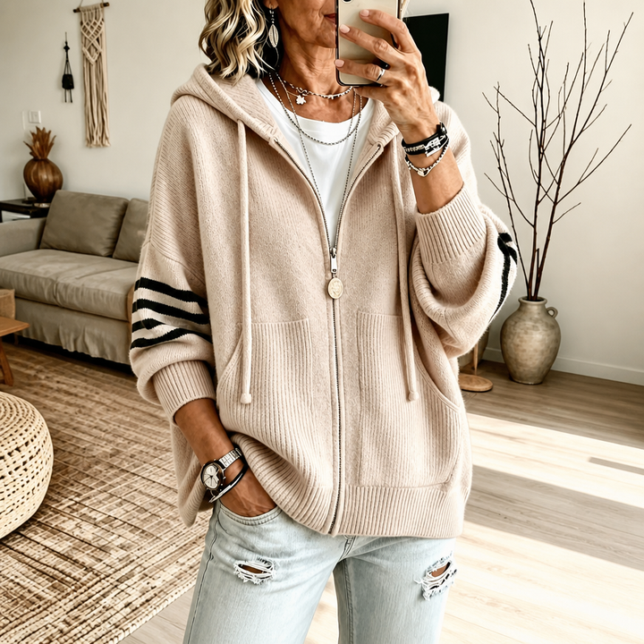 Wearbella – Striped-Sleeve Drop-Shoulder Zip Hoodie