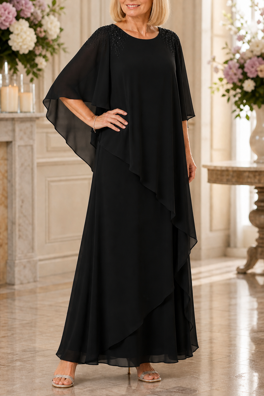 Vellamora – Cape Sleeve Layered Chiffon-Look Evening Gown