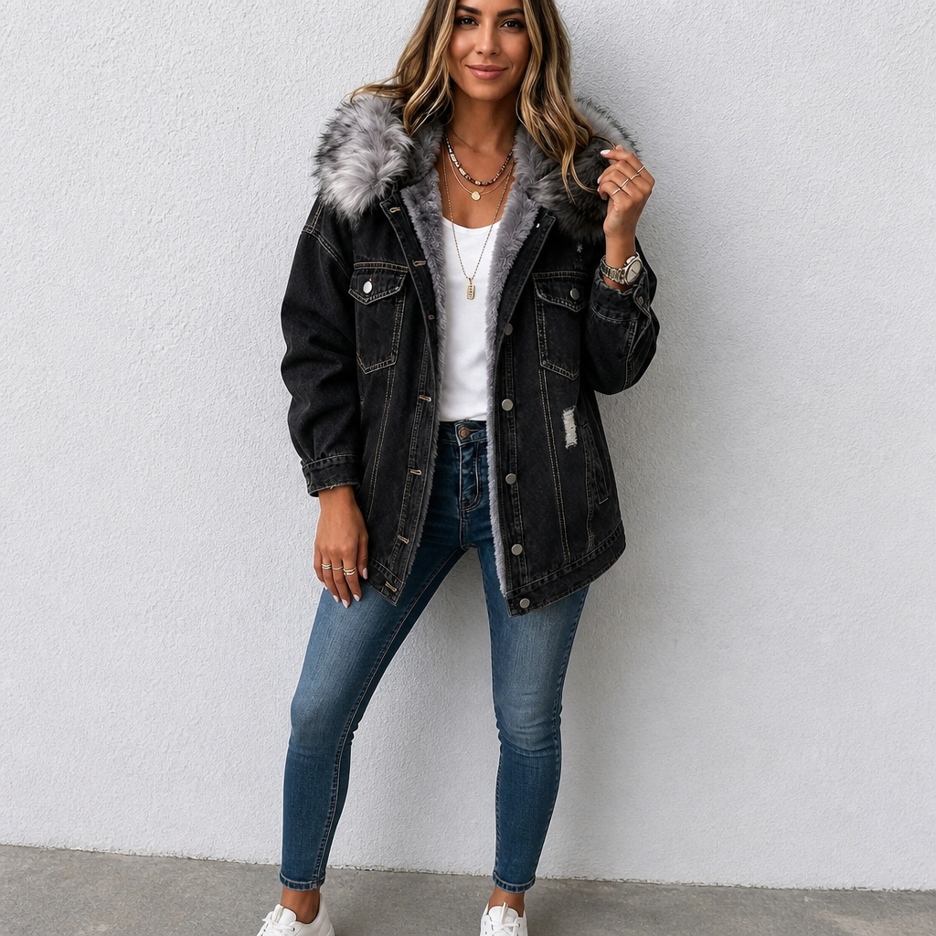 Wearbella – Fur-Collar Distressed Denim Jacket