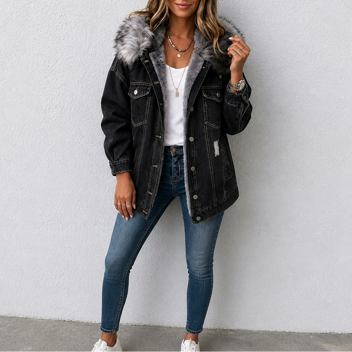 Wearbella – Fur-Collar Distressed Denim Jacket