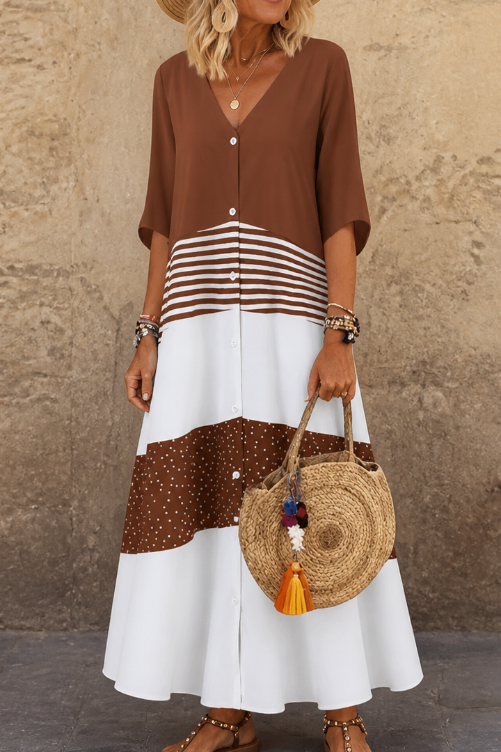 Lineluxe – V-Neck Button-Up Flowy Maxi Dress