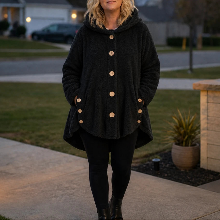 Cozy Button – Asymmetrical Hem Hooded Fleece Coat