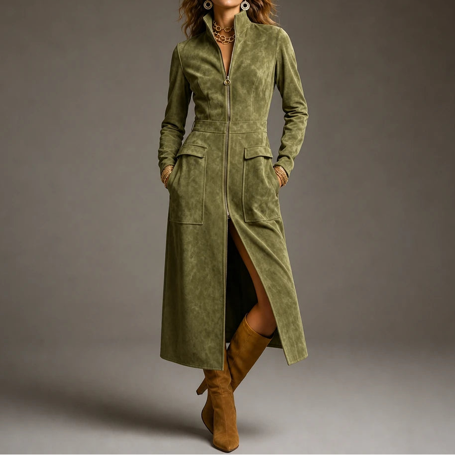Velora – Fitted Stand-Collar Longline Coat
