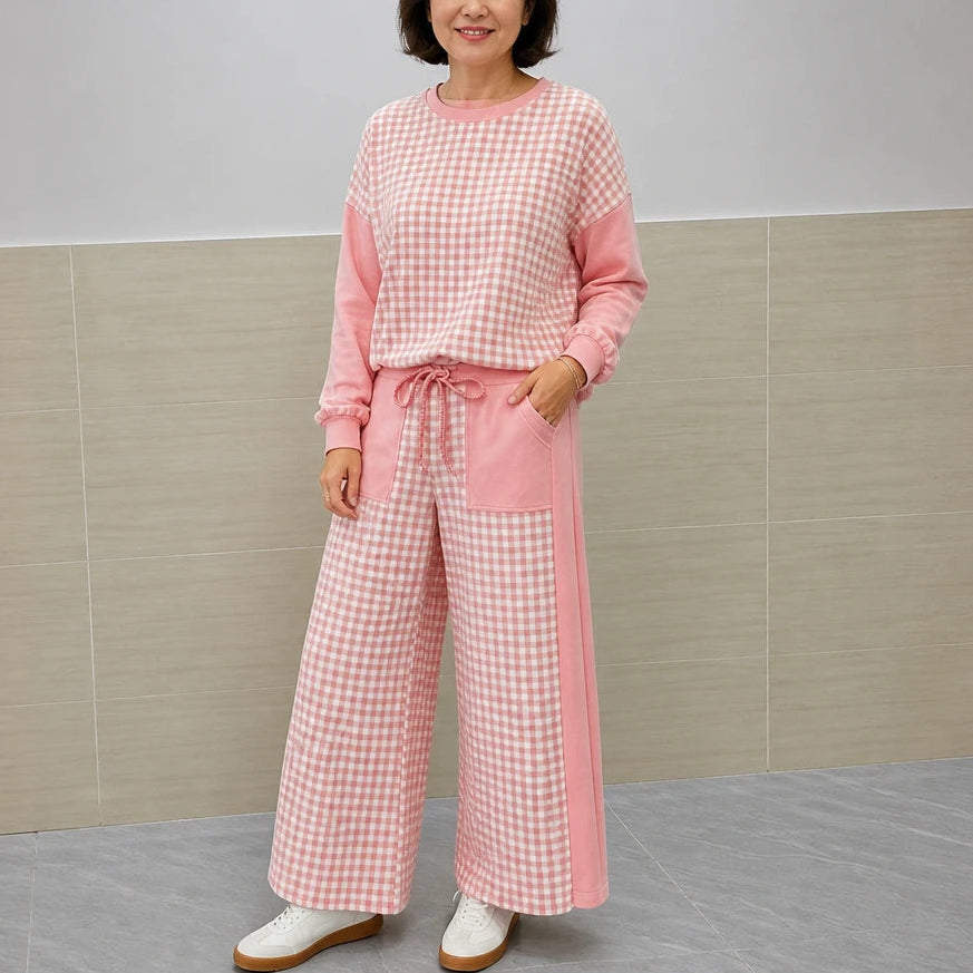 Gingham Ease – Gingham Long-Sleeve Top And Wide-Leg Pants Set