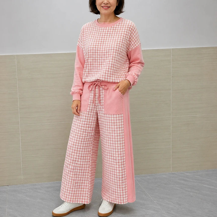 Gingham Ease – Gingham Long-Sleeve Top And Wide-Leg Pants Set