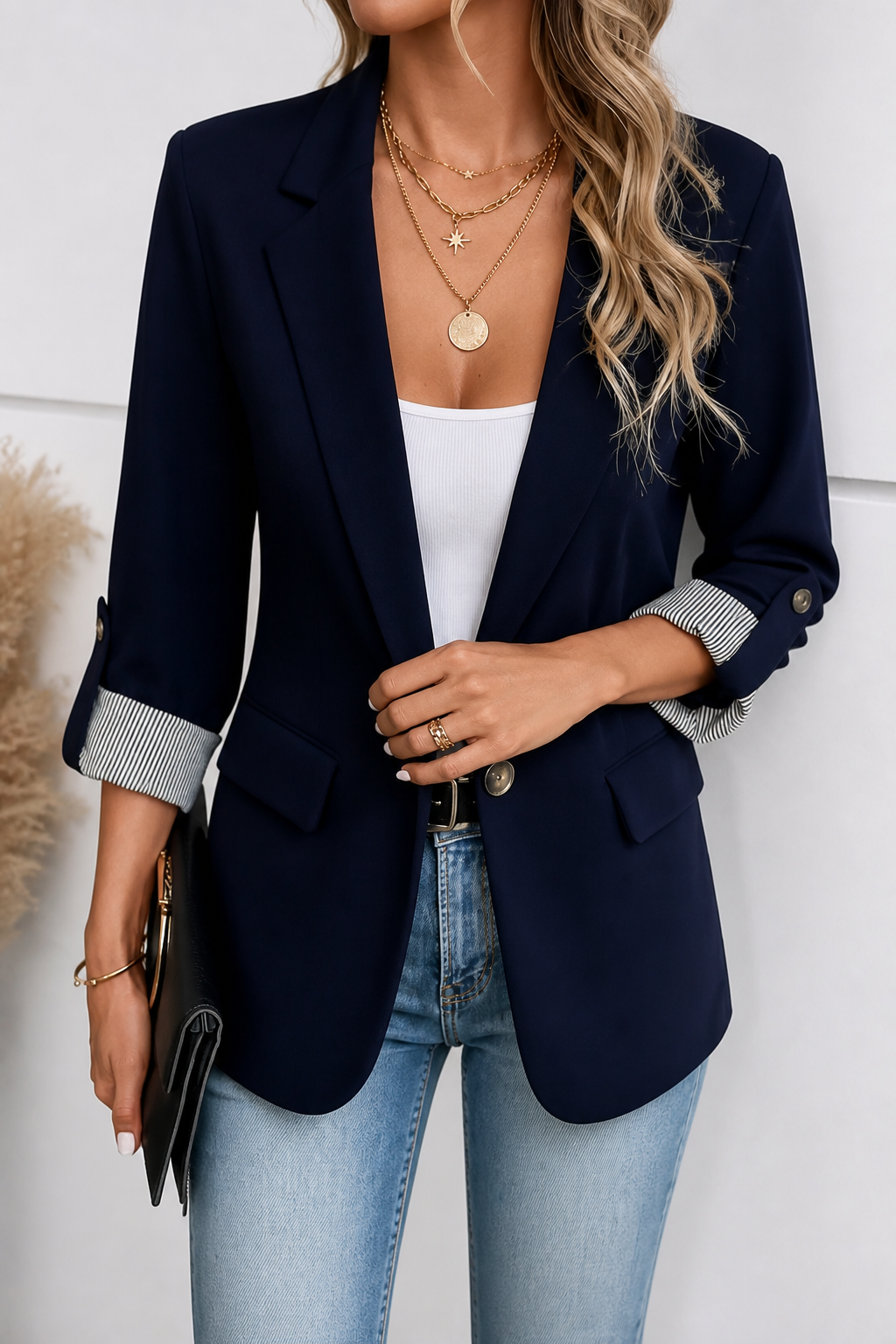 Cuffley – Striped-Cuff Roll-Sleeve Tailored Blazer