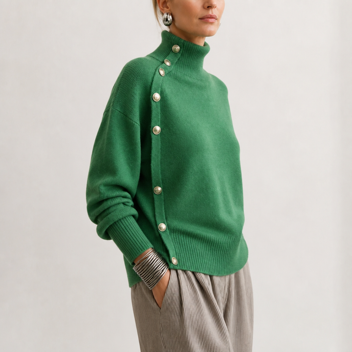Asymvia – Asymmetric Gold-Tone Button Mock Neck Sweater