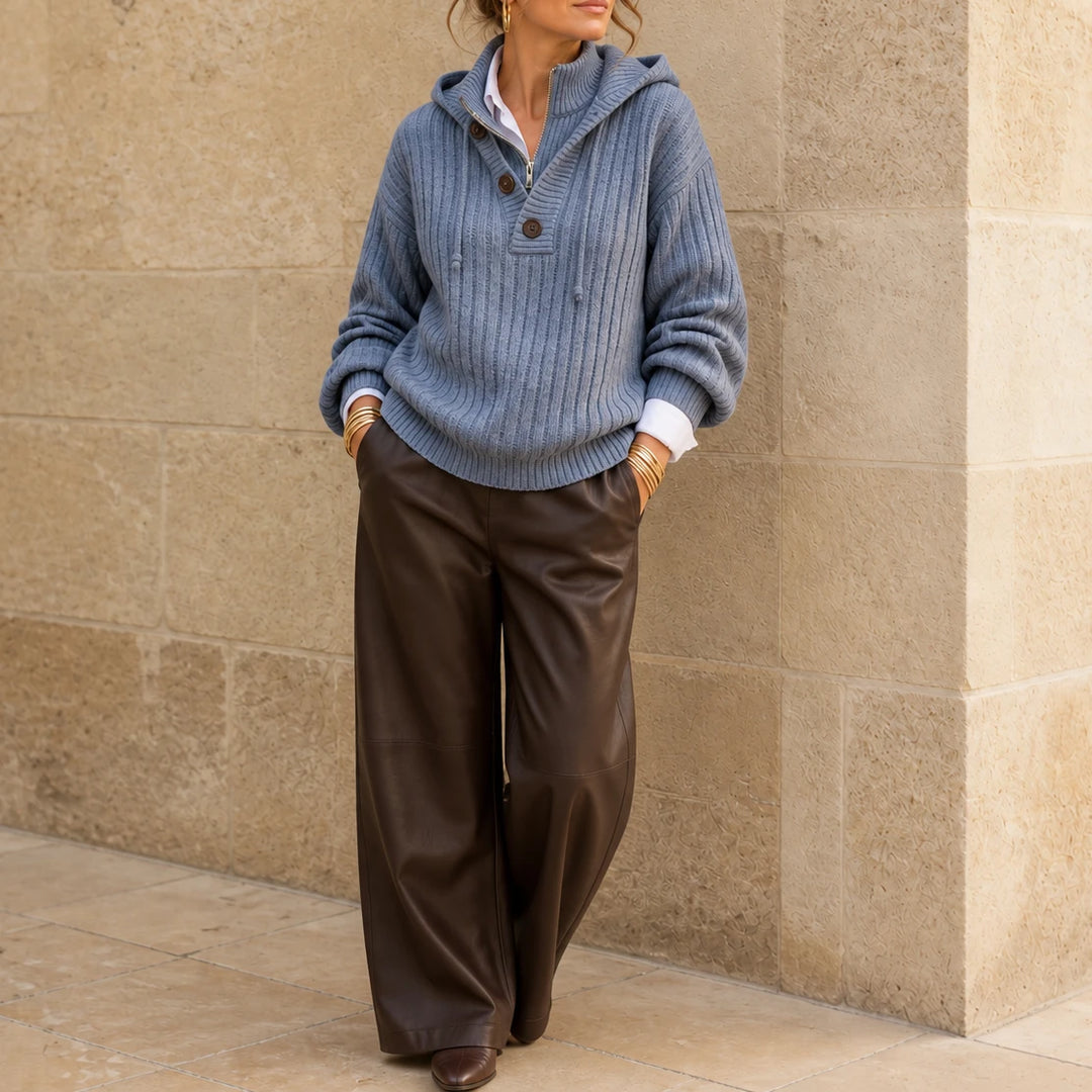 Sunlithe – Hooded Ribbed Collar Half-Zip Knit Pullover