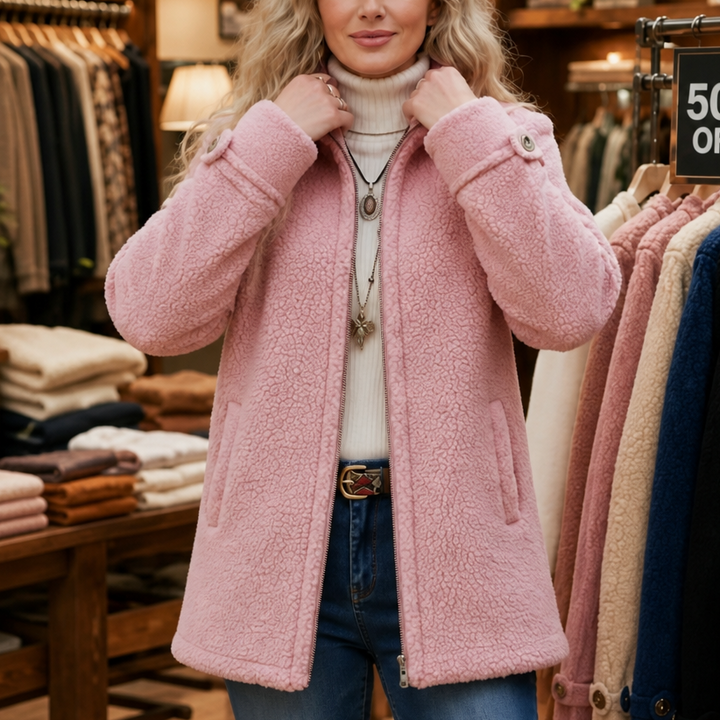 Velmora – Plush Fleece-Look Zip-Up Jacket With Stand Collar