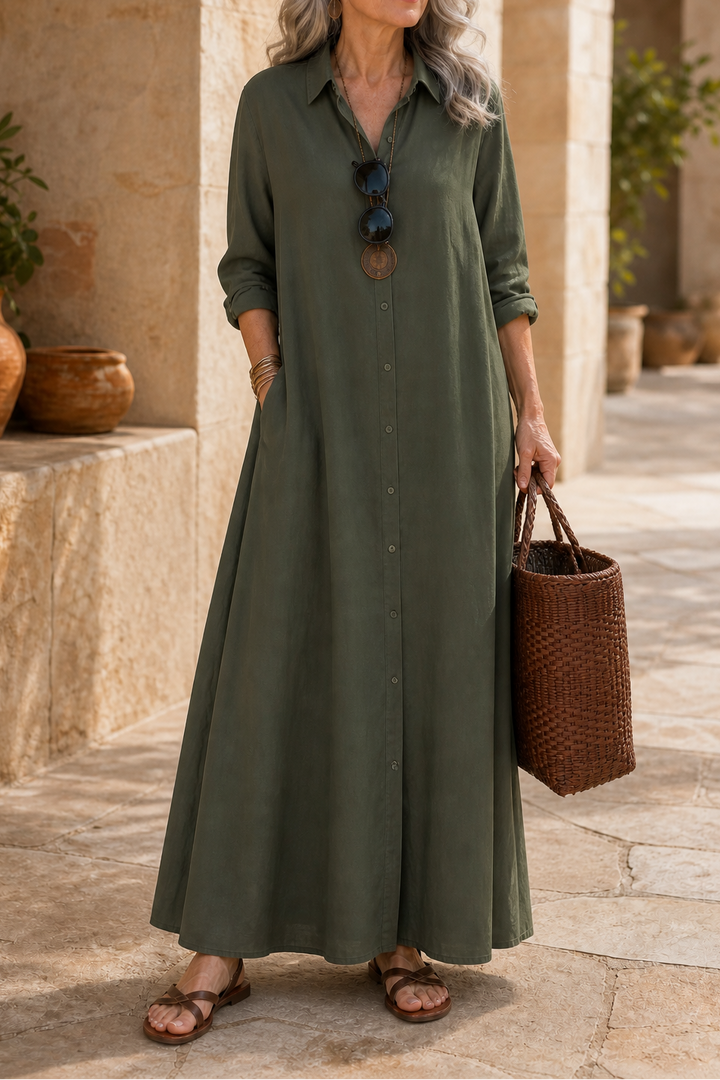 Wearbella – Oversized Cotton-Linen Maxi Shirt Dress