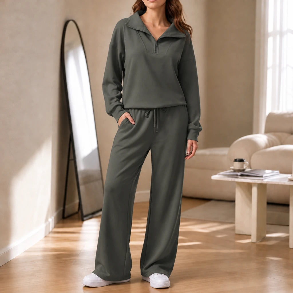 Veya – Quarter-Zip Stand-Collar Blouse And Wide-Leg Trouser Set