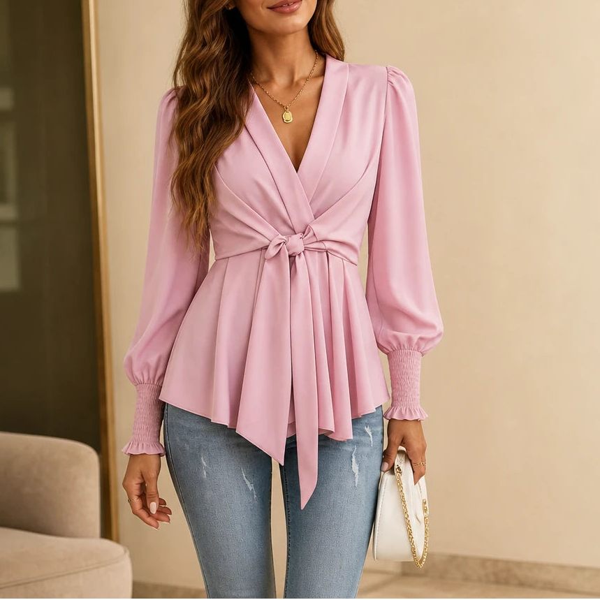 Waistelle – Lustrous V-Neck Tie-Waist Blouse