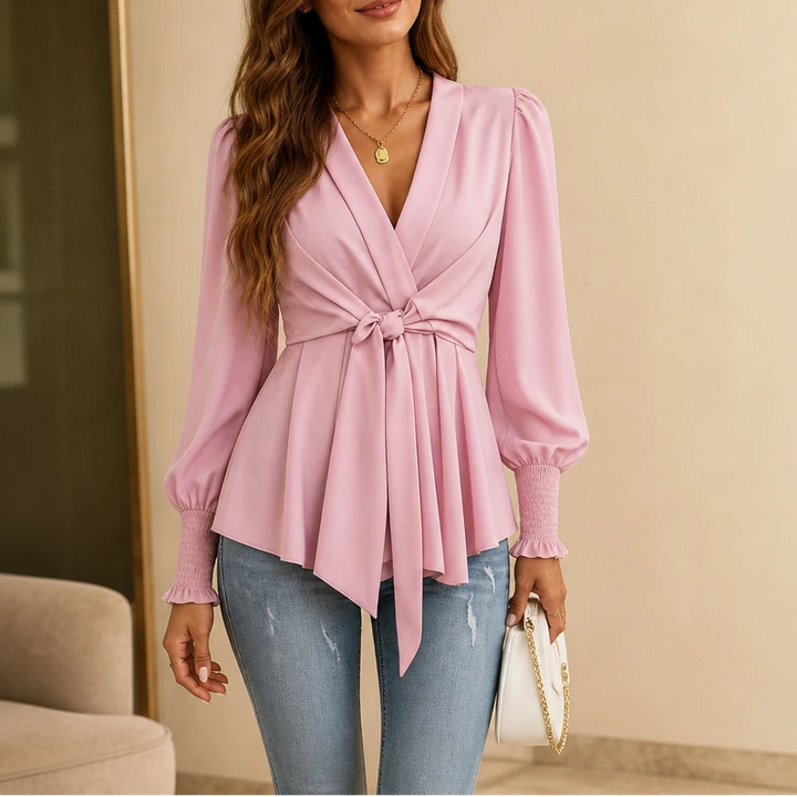 Waistelle – Lustrous V-Neck Tie-Waist Blouse