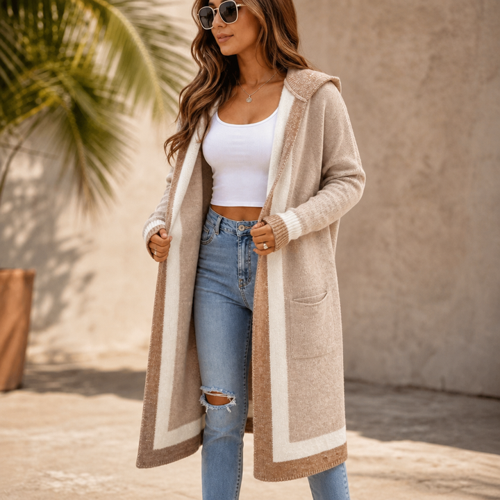 Coshabelle – Color-Block Hooded Long-Line Cardigan