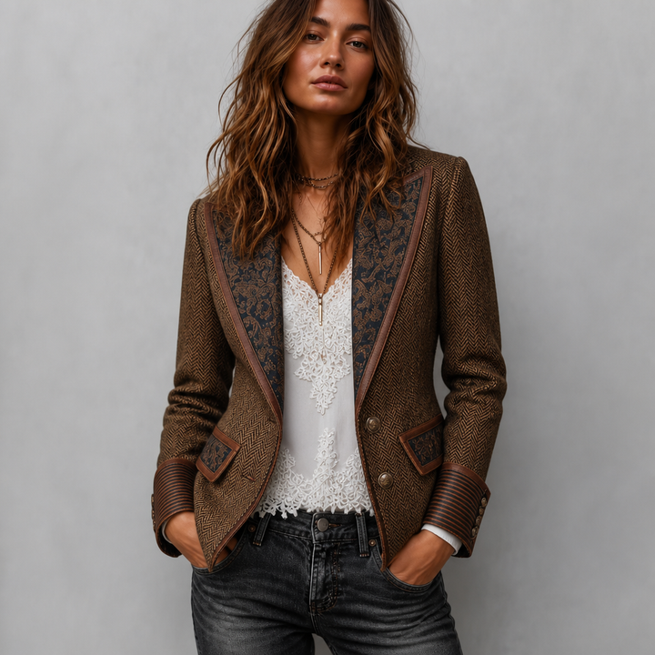 Herrivé – Contrast-Trim Herringbone Structured Blazer