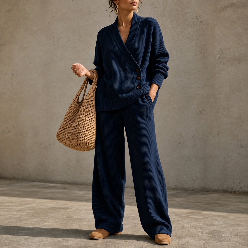 Olivea – Ribbed Wrap Top And Wide-Leg Pants Set