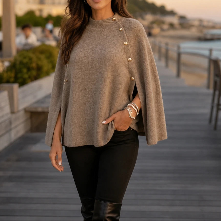 Velora – Button-Detail Side-Slit Knit Poncho Sweater