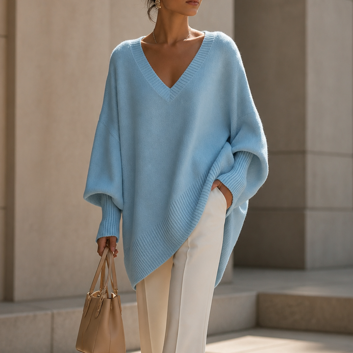 Vellora – Draped V-Neck Stretch-Knit Sweater